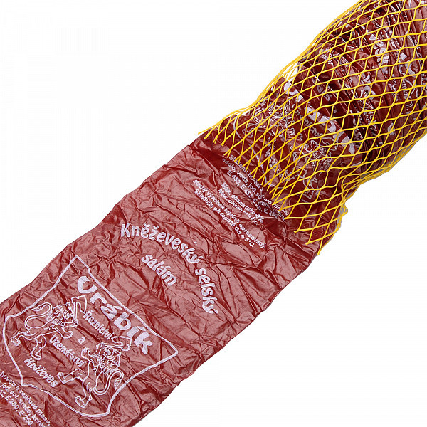 Střevo na salám řásněné 65mm firemní potisk Kněževeský selský hnědý 20m - Výprodej