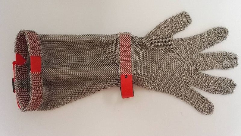 Rukavice drátěná neprůřezná + 19cm náplet s červenými gumovými pásky Euroflex - Použitá